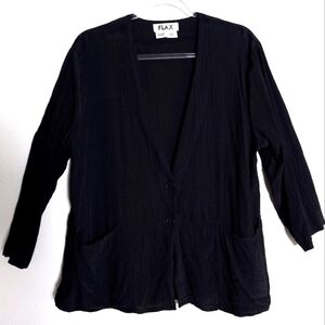 Flax Rayon Black Double Button Front,  2 Pocket Lagenlook Jacket Top Size Large